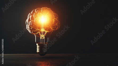 Glowing brain-shaped lightbulb on dark background, symbolizing idea, intelligence, innovation, and knowledge.