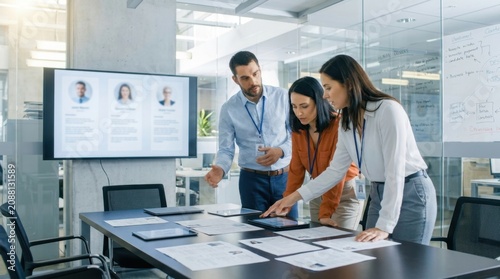 Business colleagues discussing candidate profiles and reviewing documents together in a modern office meeting room