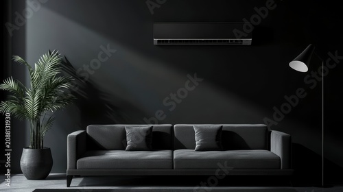 Modern dark living room interior with black sofa, air conditioner, plant, and floor lamp.