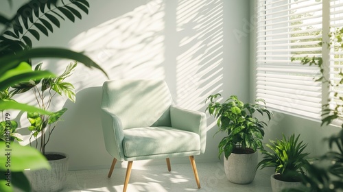 Serene room with armchair, sunlight, and lush indoor plants.