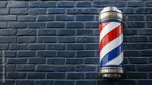 Red, white, and blue barber pole against a dark brick wall.