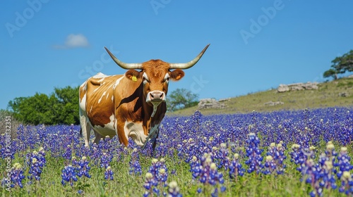 Texas Longhorn cow standing in a field of bluebonnets under a clear blue sky.