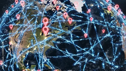 Global digital network with location markers showing data connections across North America
