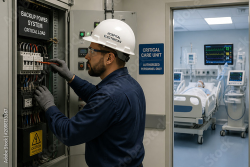 Hospital electrician backup power critical load critical care intensive care emergency maintenance safety engineer monitoring hospital electrician
