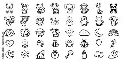 Photography Cute Baby Animals and Nursery Line Icon Set