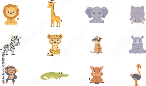 Photography Cute cartoon baby safari animals character vector illustration set featuring lion giraffe elephant hippo zebra leopard meerkat rhino monkey crocodile warthog and ostrich