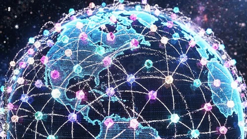 Digital global network connection with glowing data points and futuristic technology visualization
