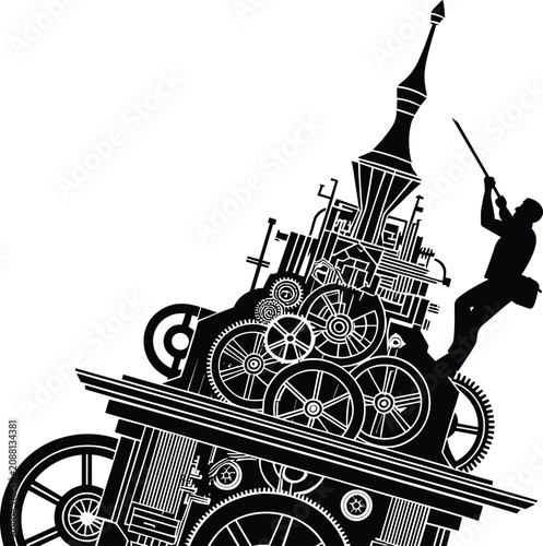 Fotografie Mechanical silhouette with gears and human figure holding sword symbolizing tech