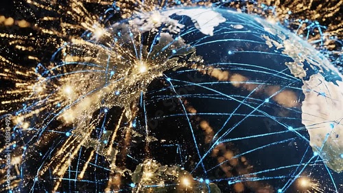 Global network connections with glowing lights and digital data flow over earth at night