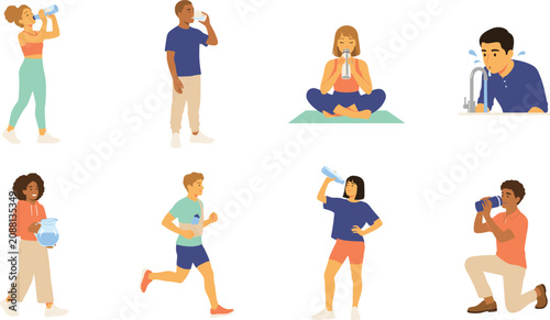 Diverse people drinking water vector illustration set featuring individuals staying hydrated during fitness running yoga meditation holding pitchers and drinking from tap.