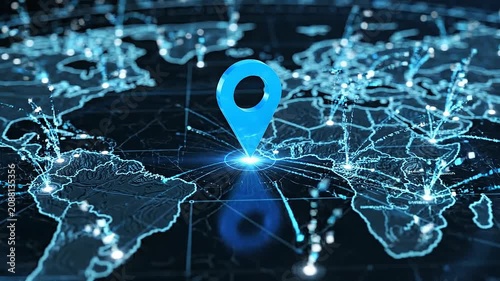 Digital global map with bright blue location marker and radiating circles representing GPS tracking and navigation technology
