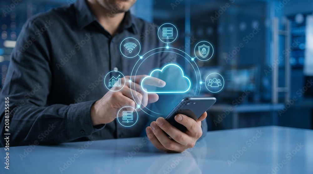 Fototapeta premium Businessman interacting with cloud computing dashboard on smartphone displaying digital network icons for data management and secure server operations