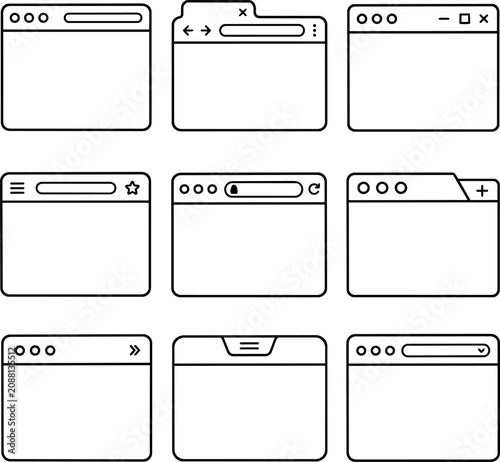Set of hand drawn web browser window frames and tab interface elements