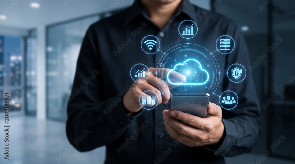 Obraz premium Professional using mobile device to access cloud computing services with integrated data management icons for efficient business operations and secure storage