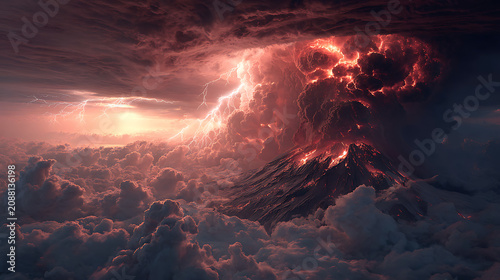 A dramatic volcanic eruption with lightning in a cloudy sky at sunset or sunrise