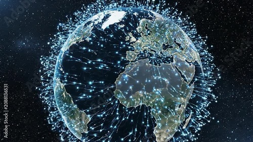 Digital globe with glowing network connections showing Europe and Africa global communication concept