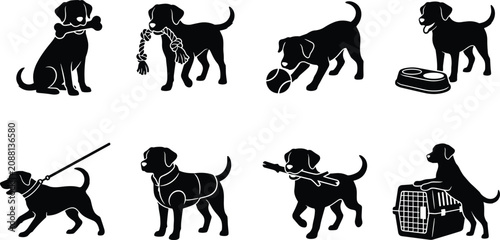 Cuadro en lienzo Set of black silhouettes featuring Labrador puppies in various daily activities