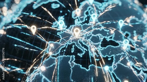 Digital global network map with glowing location pins and connection lines over Europe for technology and communication