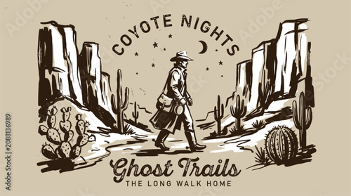 Bild auf Leinwand Cowboy desert night vintage artwork