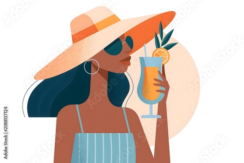 woman with eyes closed sipping a refreshing orange drink through a straw. A wide sun hat shades her face against a bright sky. Calm beach vacation illustration.