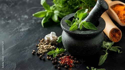 mortar with herbs