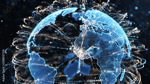 Digital global network connections over a glowing blue Earth map with data points and light trails