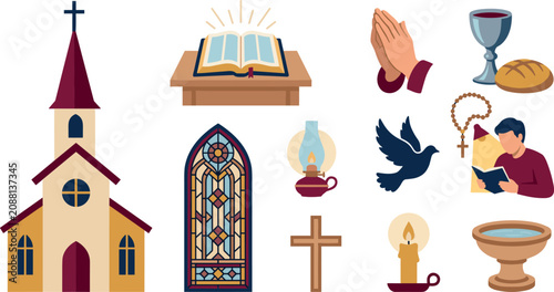Obraz na plátně Christian Faith and Church Icon Collection with Bible, Prayer, Communion, Cross,