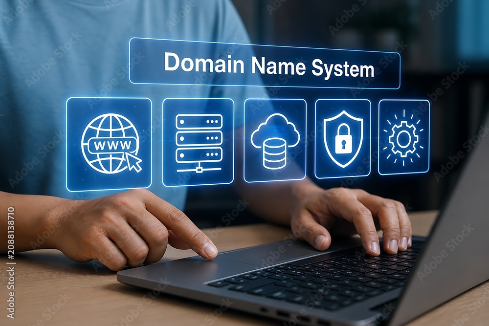 Fototapeta premium Hands typing on laptop with domain name system interface and icons floating above