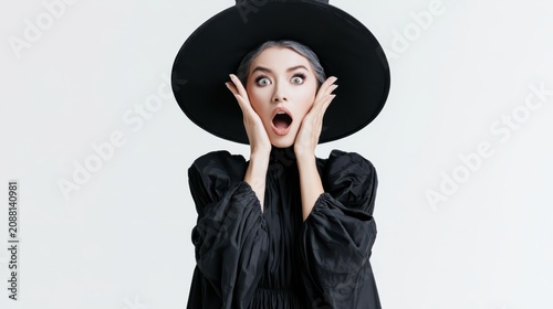 Surprised woman in a black witch hat with expressive facial gestures