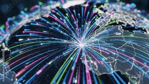 Global digital network connections with colorful data streams on world map showing technology communication