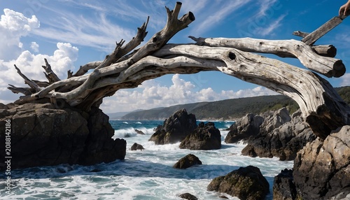 Driftwood arch over rocky coastline scenic outdoor photography