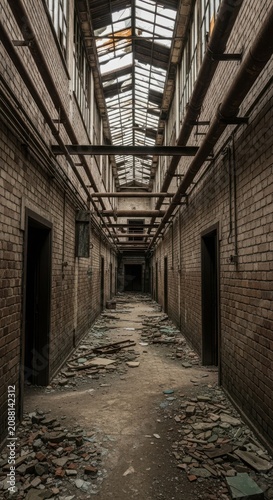 Abandoned prison corridor with gray walls and skylights