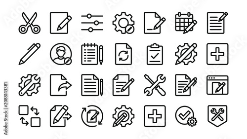 Collection of line icons for business and productivity on white background