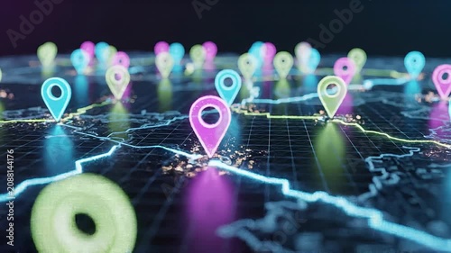 Digital map with glowing location markers showing advanced navigation and global positioning network