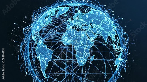 Digital global network connections highlighting Africa with location markers and data flow visualization