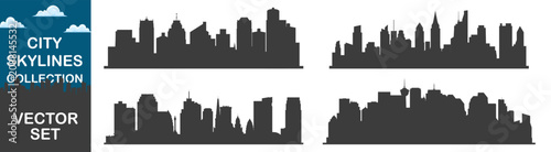 Collection of urban city skyline silhouettes.