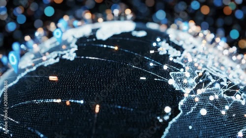 Digital globe with glowing location markers and data points representing global connectivity and technology