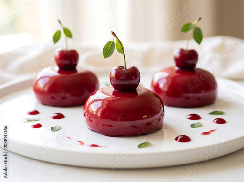 Photography Three gourmet cherry desserts with mirror glaze on white plate served with small green leaf