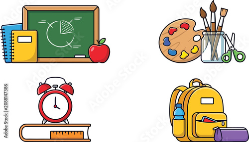Foto Back to School Icon Set with Chalkboard Notebook Apple Art Palette Paintbrushes