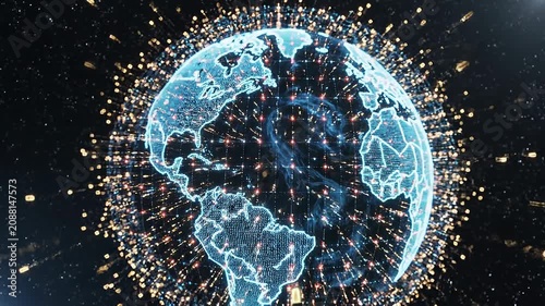 Futuristic digital globe with glowing data points and network connections showcasing global technology concept