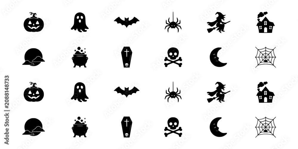 Fototapeta premium Halloween Icons Featuring Pumpkins, Ghosts, Bats, Spiders, Witches, Haunted Houses, Coffins, Skulls, Moons, and Spider Webs