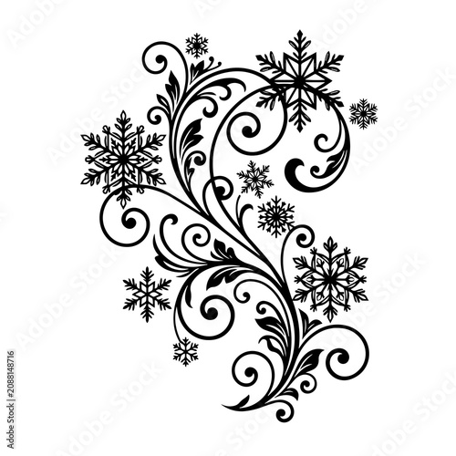 Decorative black floral flourish ornament with swirling leaves and various snowflake shapes on a plain white background