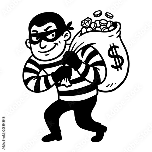 Cartoon burglar wearing a striped shirt and eye mask carrying a large sack filled with gold coins and diamonds, black and white