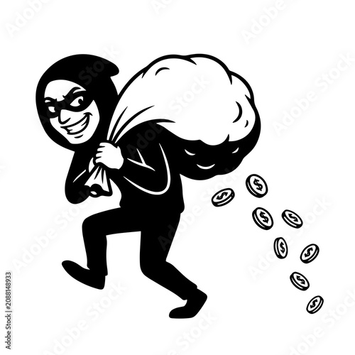 Cartoon of a masked thief running away with a large sack of stolen money and gold coins falling out on white background