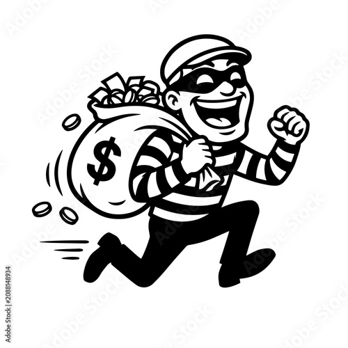 Cartoon of a masked burglar running while carrying a large sack filled with money and coins on a white background