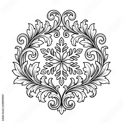 Decorative vintage style circular frame with intricate floral scrollwork and a central snowflake on a clean white background isolated