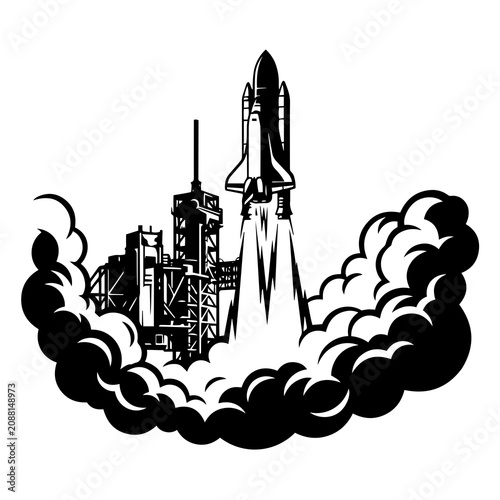 Detailed black and white of a space shuttle launching from a gantry structure with massive smoke clouds on a white background
