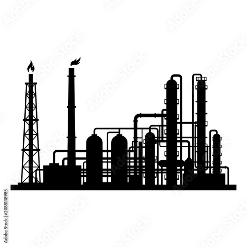 Detailed black silhouette of an oil refinery plant with tall chimneys, storage tanks, and pipelines on a white background, for industry