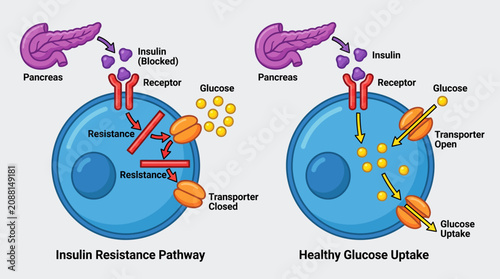 Infographic illustration comparing insulin resistance pathway and healthy glucose uptake in cells with detailed molecular structures.