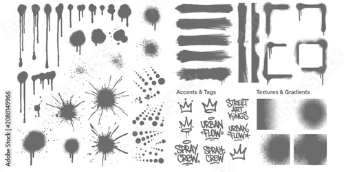 Obraz na plátně Set of black graffiti spray paint drips splatters and street art tag elements